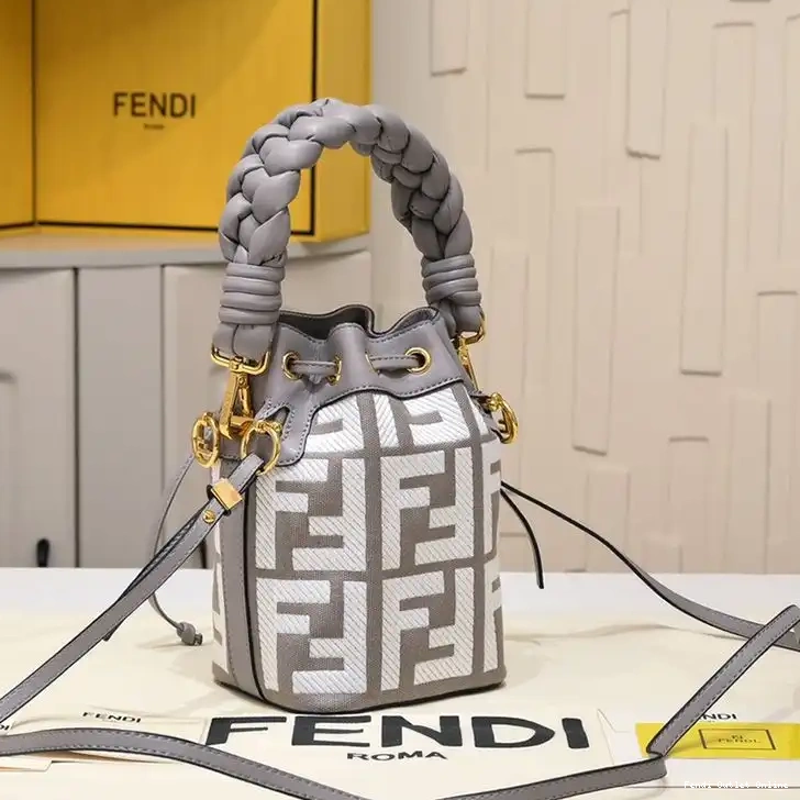 Affordable Bag Tresor Handle Canvas with Fendi FF Motif Mon In Grey Bucket Mini Woven 0404